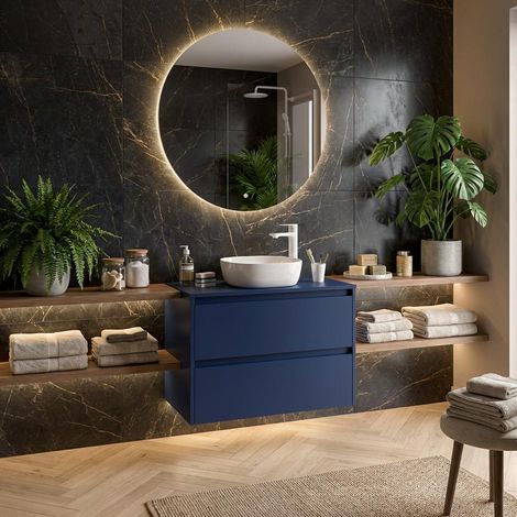 Mobile Bagno Sospeso 100 cm con 2 Cassetti e lavabo appoggio Blu Satinato – Linea
