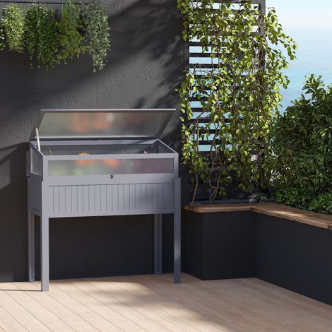 Jardinière surélevée en bois avec châssis froid, serre 2 en 1, serre à tomates, potager, jardin d'herbes aromatiques, bac à fleurs pour jardin, balcon et terrasse, polycarbonate gris, 120 x 54 x 112/1