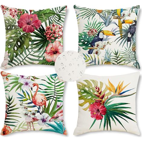 Coussin Exterieur Impermeable Canape Housse de Coussin Feuilles Tropicales 40 x 40 cm Feuille Brun Vert Lin Décoratif Taie d'oreiller pour Canapé Maison Jardin Extérieur Été Décoration 4 Pièces (1/5)