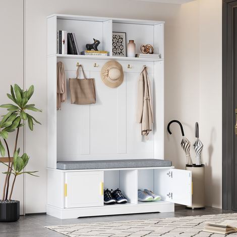 Porte-manteau avec banc 120x40x191 cm panneaux de particules blanc gain de place - CHICFURN (1/5)