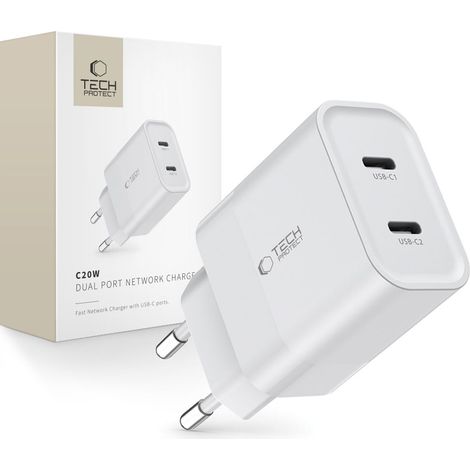Cargador de red de 2 puertos TECH-PROTECT C20W PD20W blanco