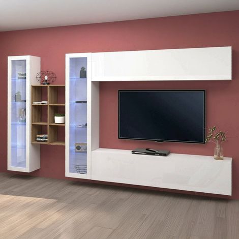 Dmora - Pared Equipada Dcaprin, Conjunto de salón Mueble TV con 4 puertas, Mueble de salón polivalente, 100% Made in Italy, cm 280x30h180, Blanco brillo y Arce (1/5)