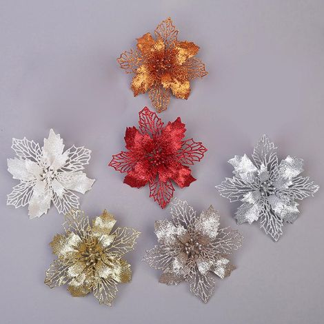 10 éléments décoratifs de Noël, fleurs pailletées, feuilles ajourées, accessoires de bricolage, couleur champagne, 11 cm (1/5)