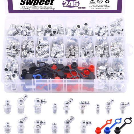 246 Pièces Kit d'Assortiment de Graisseurs SAE et Métrique - Raccords Hydrauliques Standard avec Bouchons Plastique (1/4", 1/8", M6 M8 M10) - Embouts Droits, Angulaires 90° et 45° pour (1/5)