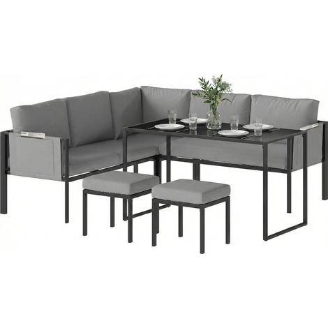 6-sitziges Gartenecksofa mit 10 cm dicken Kissen, hohem Tisch und 2 grauen Fußstützen