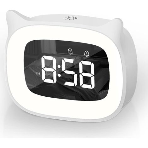JSSEVN-Réveil Enfant, Lampe Chevet Fonction Snooze, Affichage Automatique Temps, 5 Couleurs,18 Type de Musique Cadeau d'anniversaire (Blanc) (1/5)