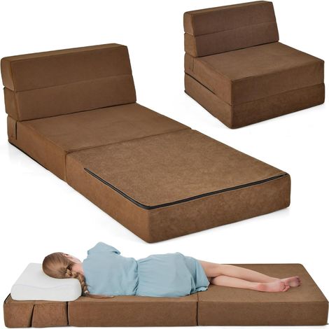 Goplus – Canapé convertible 1 place 3 en 1 – Housse amovible en tissu floqué – Mousse haute densité – Dimensions 71x190x15cm – Marron - 71x190x15CM-3 (1/5)