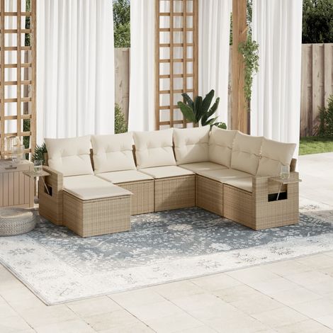 Canapé de jardin 7 places en résine tressée beige avec coussins lavables – salon modulaire polyvalent pour extérieur (1/5)