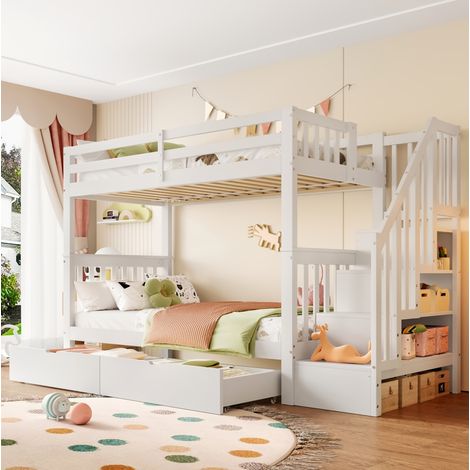 Lit superposé 90 x 200 cm enfant blanc en pin avec escalier-rangement, 2 tiroirs (1/5)