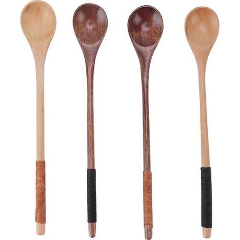 Lot de 4 cuillères à long manche en bois, idéales pour le café, le miel, la pâtisserie et le service à table (1/5)