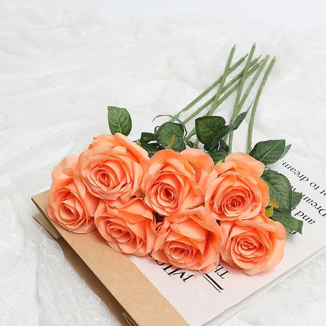 5pcs Rose Artificielle Orange Vif Longue Durée Attractive Décoration Fausse Fleur Simili Soie (1/5)
