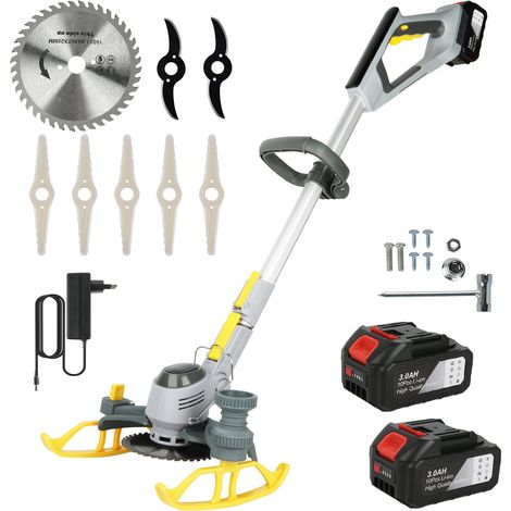 Tondeuse Électrique 2-en-1 21V 600W avec Lames Interchangeables, Roues Type Tank et Affichage LED – Débroussailleuse et Bordure de Pelouse, 2 Batteries