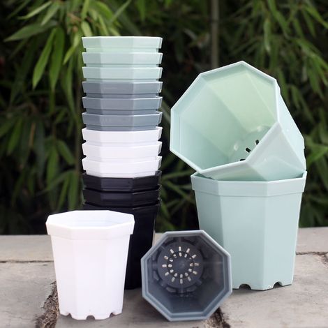 Maceta octogonal de plástico de 24 piezas, maceta pequeña de plástico con bandeja, macetas de plástico, macetas pequeñas para exteriores, macetas para plantas de interior y exterior (1/5)