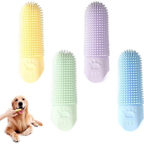 4 Pièces Brosse a Dent Chien Chat Silicone Doigt 360ºRéutilisable Avec Boîte Entièrement Enveloppés Chien Accessoires Soins Dentaires et Respiration Fraîche Bleu Vert Jaune Violet (1/5)