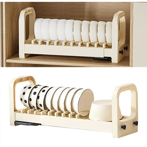 Ausziehbarer Geschirrständer aus Kunststoff, Geschirrabtropfgestell, Tellerhalter, Organizer für Küchenarbeitsplatte, Schrank, Schublade (1/5)