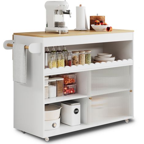 Chariot îlot de cuisine pliable avec plan de travail en bois clair, portes coulissantes en verre trempé, étagères réglables et roulettes freinées - CHICFURN (1/5)
