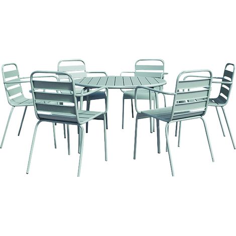 Set da pranzo da giardino in metallo - un tavolo rotondo D.130cm e 6 sedie impilabili - Verde acqua - MIRMANDE di MYLIA