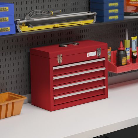 Cassettiera portautensili 51x22x39.5 cm, 4 cassetti, vano superiore con lucchetto, acciaio rosso (1/5)