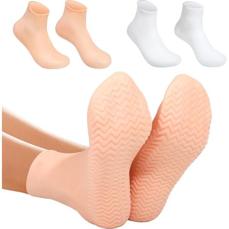 Chaussettes hydratantes en silicone pour pieds fissurés secs - 2 paires, taille longue L, chaussettes à talon antidérapant pour les femmes et les hommes - High Stretch - blanc et beige (1/5)