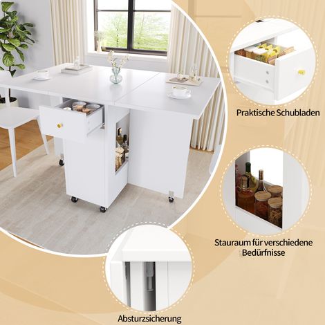 Table pliable 120x75x75 cm, plan de travail mobile de cuisine, pour 2 à 4 personnes, rangement ouvert, 2 tiroirs, roulettes freinables, idéal cuisine, salon, salle à manger, blanc (1/5)