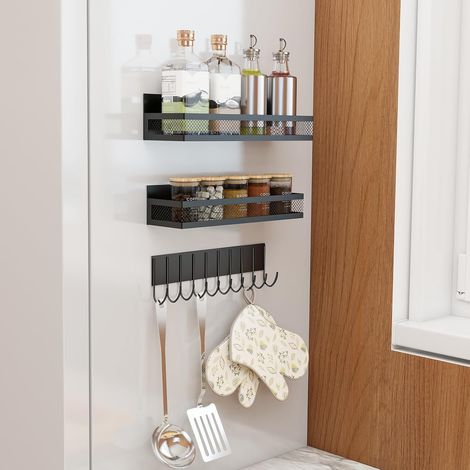 Lot de 3 Étagères à Épices Magnétiques pour Réfrigérateur,Aimant Puissant sans Perçage Rangement Epices Cuisine avec Crochets pour Cuisine, Four, Lave-Linge (1/5)