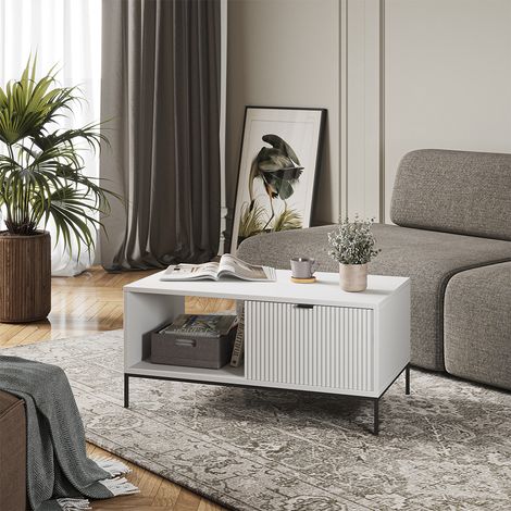 Mesa de centro Eliza, Blanco, 90 x 50 cm con un cajón, Vicco