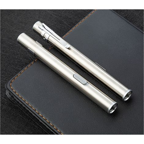 Lampe Torche LED rechargeable USB, lumière blanche, acier inoxydable, format stylo mini, étanche pour camping et plein air. (1/5)