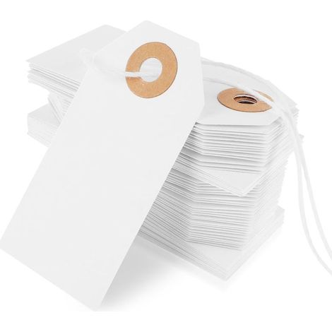 Packung mit 100 Etiketten mit weißem Faden, Geschenkanhänger für Flohmärkte und Antiquitätenläden, Etiketten aus Kraftpapier mit Schnur und verstärktem Loch, Preisschilder für Kleidung, Schmucketikett (1/5)