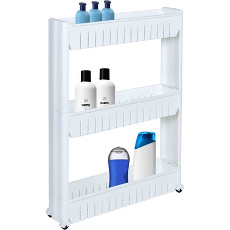 Étagères de salle de bain Leira sur roulettes, blanches, 3 niveaux (1/5)