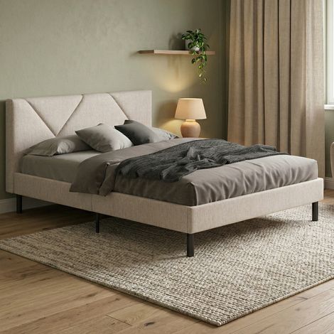 Dmora - Letto piazza e mezza Hemera, Letto imbottito in tessuto con testiera, Doghe in legno, adatto a materasso da 120x190, Beige (1/5)