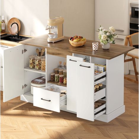 Table de bar avec plan rabattable, 1 tiroir, Îlot de cuisine rangement vertical et étagères, 150x65x80 cm, MDF blanc naturel (1/5)