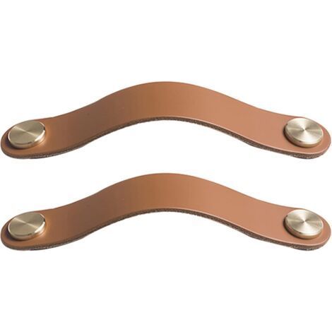 Set of 2 Brass and Brown Leather Cabinet Door Handles 190mm Length with Screws for Cabinets (1/5)