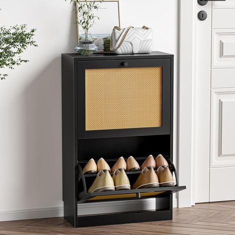 Meuble à Chaussures Fin en rotin à 2 tiroirs pour entrée, Armoire de Rangement à Chaussures étroite à 2 Niveaux avec étagères Amovibles et réglables, Organiseur de Rangement à Chaussures (1/5)