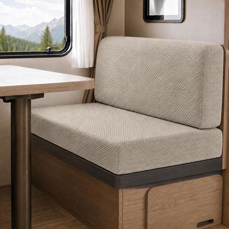 Housse Banquette Camping Car, Lot de 2 Housse Coussin Caravane et Dossier Extensible Jacquard, Protections de Dînette avec Sangles à Nouer pour Dinette et Banquette Intérieure, Khaki (1/5)