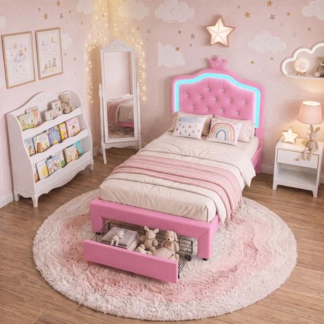 Lit princesse 90x200, Lit enfant 90x200cm avec tiroir, cadre de lit avec LED, lit de princesse en forme de couronne, PU, rose (1/5)
