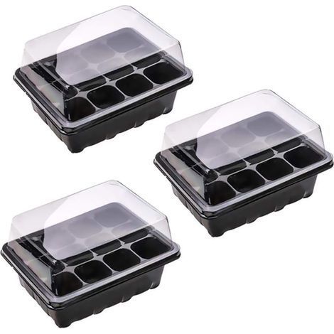Lot de 3 Bac à semis, Plateau de démarrage de semis Plateaux de pépinière de cellules, Mini Serre pour semis avec 12 Cellules, Plateau de Germination des Plantes avec Couvercle (1/5)