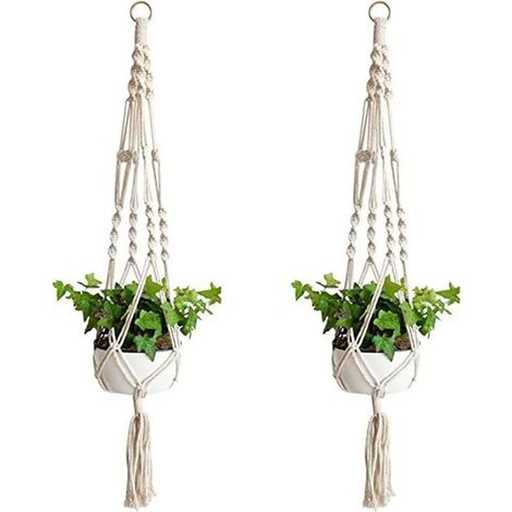 Lot de 2 suspensions pour plantes en macramé, corde en coton, cache-pot suspendu mural ou plafond pour intérieur, extérieur, balcon et jardin, décoration maison et bureau. (1/3)