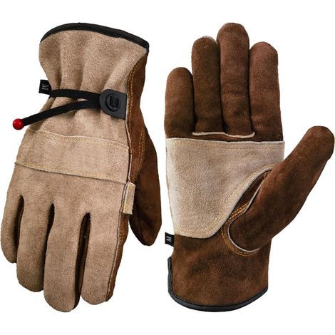 Gants de travail unisexes en cuir véritable. Conviennent pour le jardinage, la soudure, la construction, l'utilisation de tronçonneuses, etc. Doublure douce, matière cuir de vachette, couleur café.