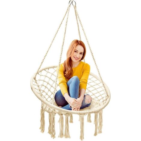 Goplus – Chaise suspendue en macramé – Corde de coton 100% – Capacité 150kg – Conception bohème chic – Pour intérieur et extérieur – Installation facile