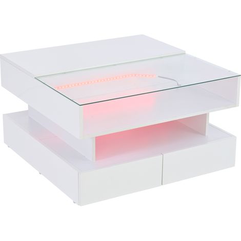 Tavolino da caffè quadrato 80x80x45 cm con sollevamento, 2 cassetti e LED, bianco (1/5)
