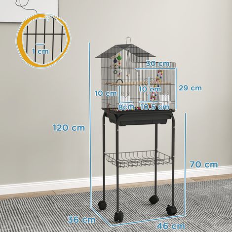 Cage à oiseaux avec support, roulettes, étagères et accessoires, 46 x 36 x 120 cm, noire (1/5)