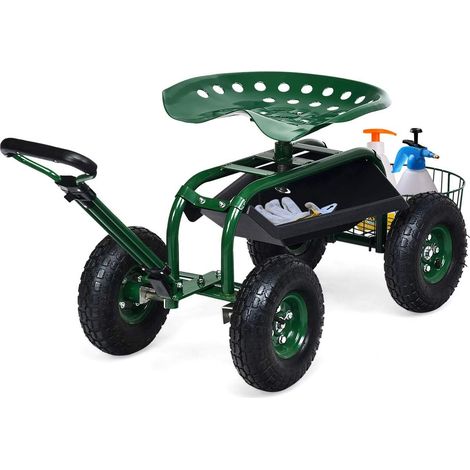 COSTWAY Asiento de Jardín con Ruedas y Asa Extensible, Taburete Móvil de Trabajo de Jardinería con Cesta, Asiento Ajustable, 2 Bandejas de Herramientas (96,5 x 48,5 x 45,5-54,5 cm) (1/5)