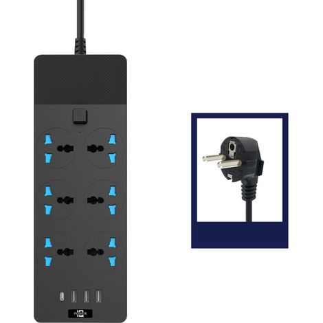 Multipresa universale con 6 prese, 3 porte USB e 1 porta Type-C, cavo di prolunga da 2 metri, multipresa universale da 3000 W con protezione da sovratensione. (1/5)