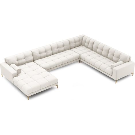 Canapé d'angle panoramique 7 places tissu structurel beige clair (1/4)