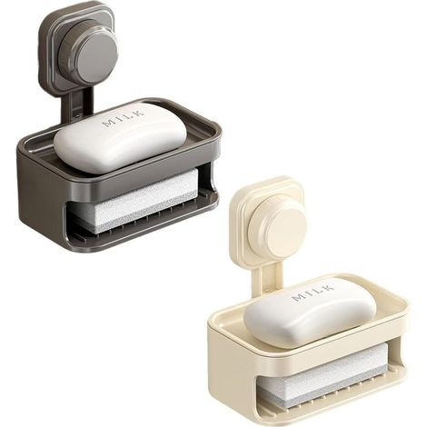 Lot de 2 portesavon double couche à ventouse avec éponge autodrainante sans perçage et étui à savon pour salle de bain, cuisine, évier, baignoire (1/5)