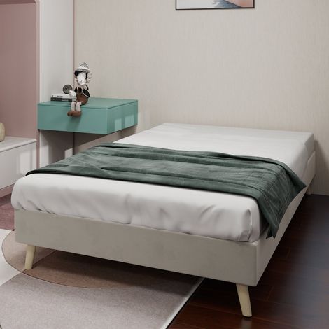 Cadre lit minimaliste 90 x 200 cm velours hollandais beige sommier bas sans tête ni matelas (1/5)