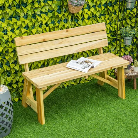 Banc de jardin deux places en bois avec lattes et dossier haut. 116 x 56 x 80 cm. Couleur naturelle.