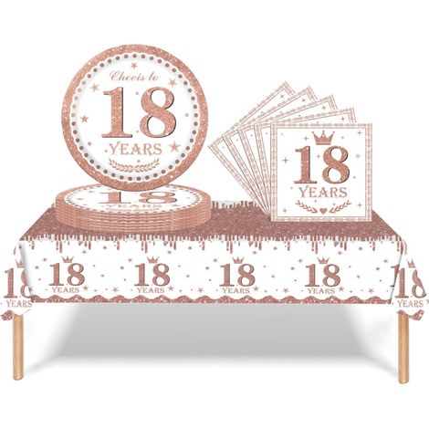 37 Pièces Vaisselle Jetable Anniversaire 18 Ans Deco Table Rose Or, 18 Ans Assiette en Carton Jetable Plastique Nappe Serviette pour Fille Femme Decoration d’Anniversaire (16 Un invité) (1/4)