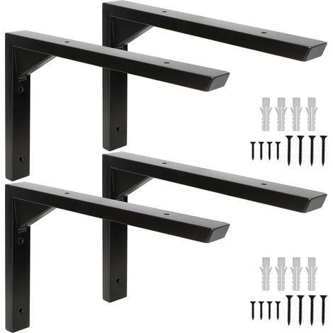 Lot de 4 Support Etagere Murale, Equerre Etagere Murale, équerre étagère, en Acier Inoxydable en forme de L avec Renfort Triangulaire, Design Creux, vis et Chevilles (25 cm) (1/5)