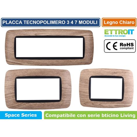 Placca bombata serie Space, 7 moduli, plastica, legno chiaro, compatibile con serie BTicino Living - Ettroit LN88704
